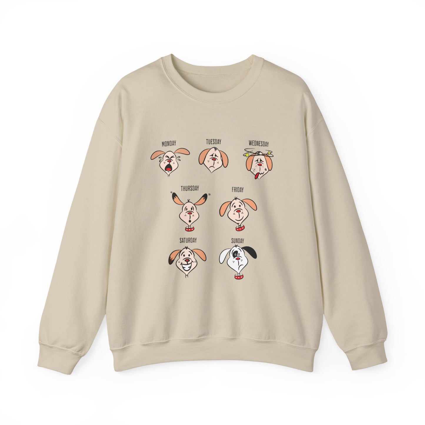Beige sweatshirt with cartoon dog faces labeled Monday through Sunday on a white background