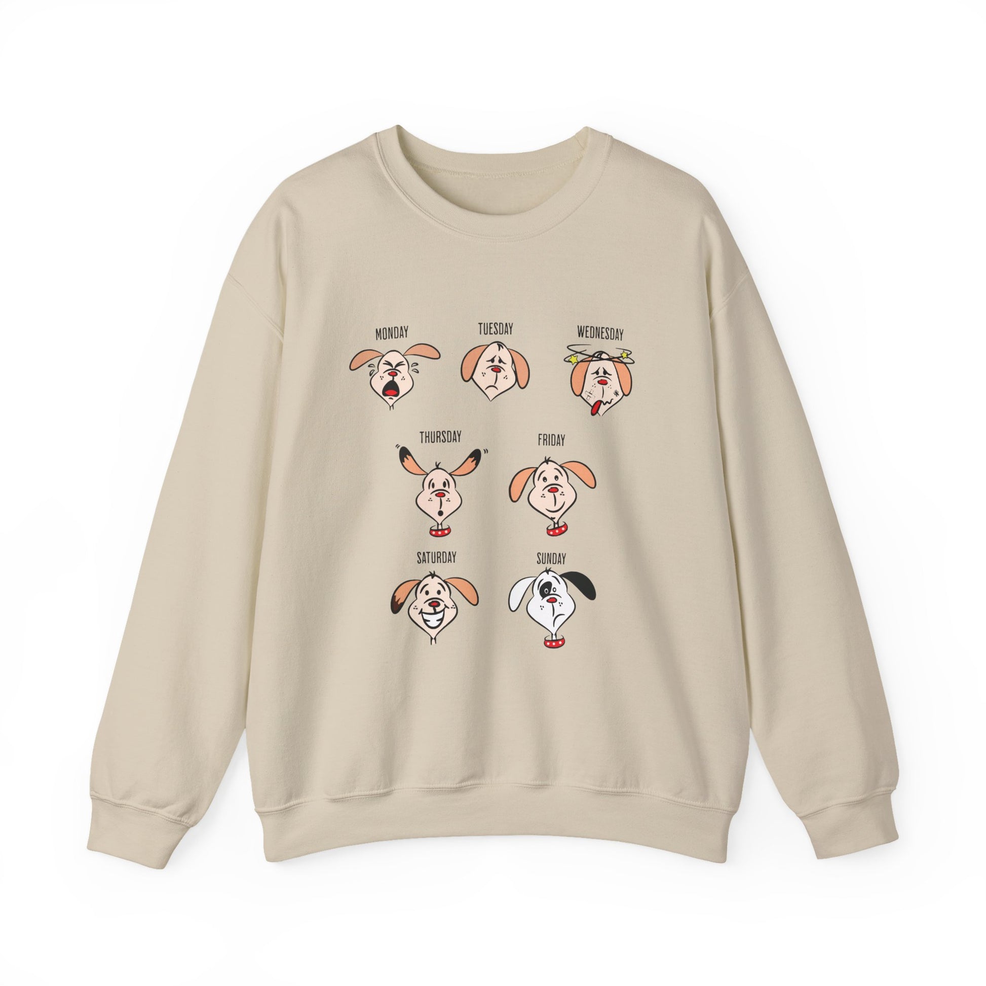 Beige sweatshirt with cartoon dog faces labeled Monday through Sunday on a white background