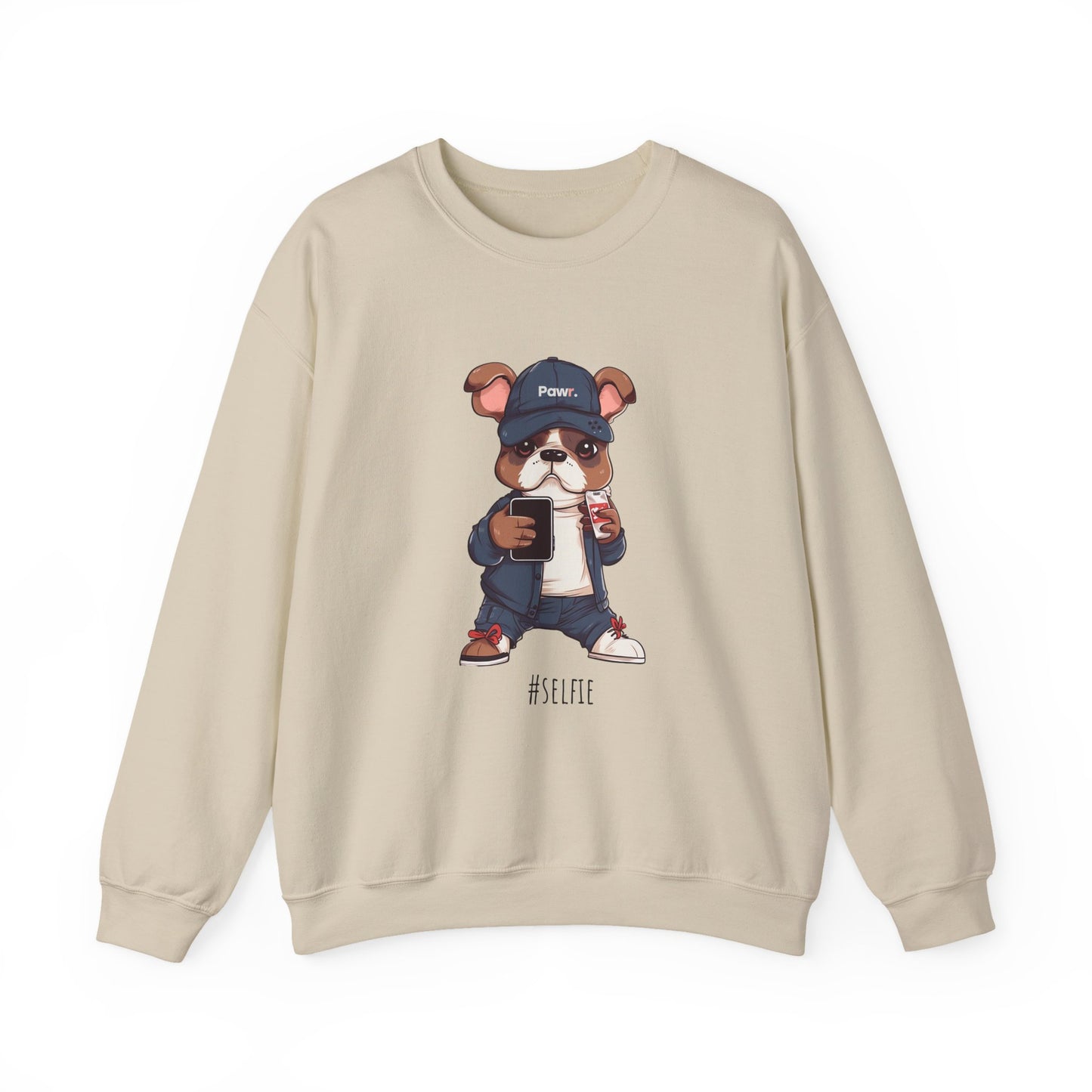 Beige sweatshirt with a cartoon dog design holding a phone on a white background