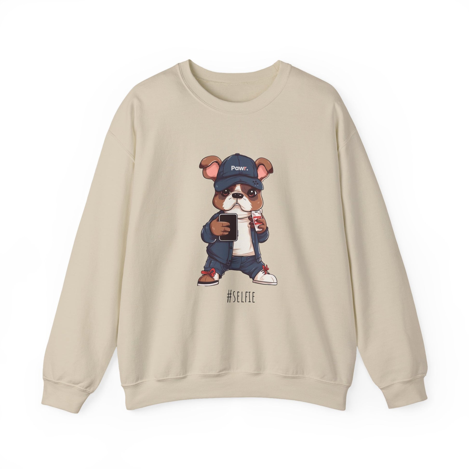 Beige sweatshirt with a cartoon dog design holding a phone on a white background