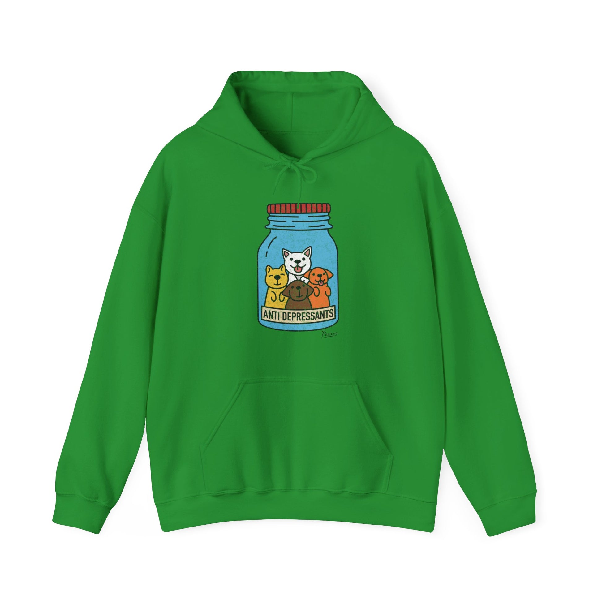 Green hoodie with a jar of dogs graphic on a white background