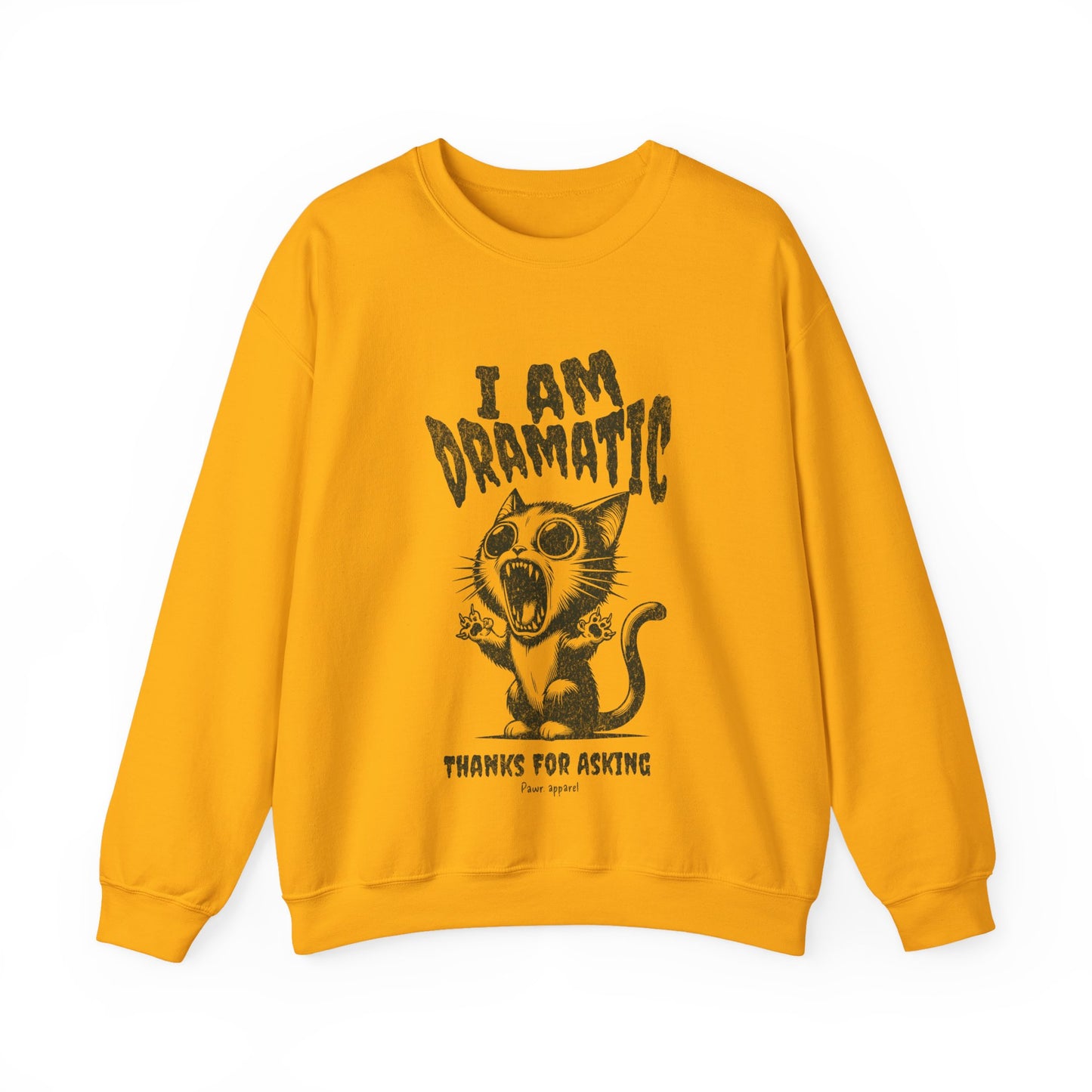 Yellow sweatshirt with a graphic of a cat and text on a white background