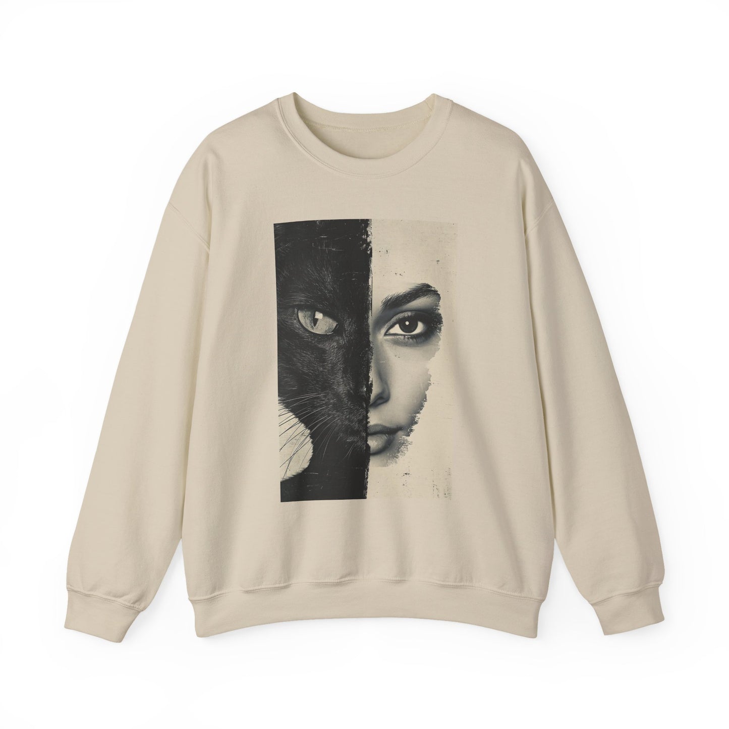 Beige sweatshirt with a graphic design of a face split into black and white on a white background