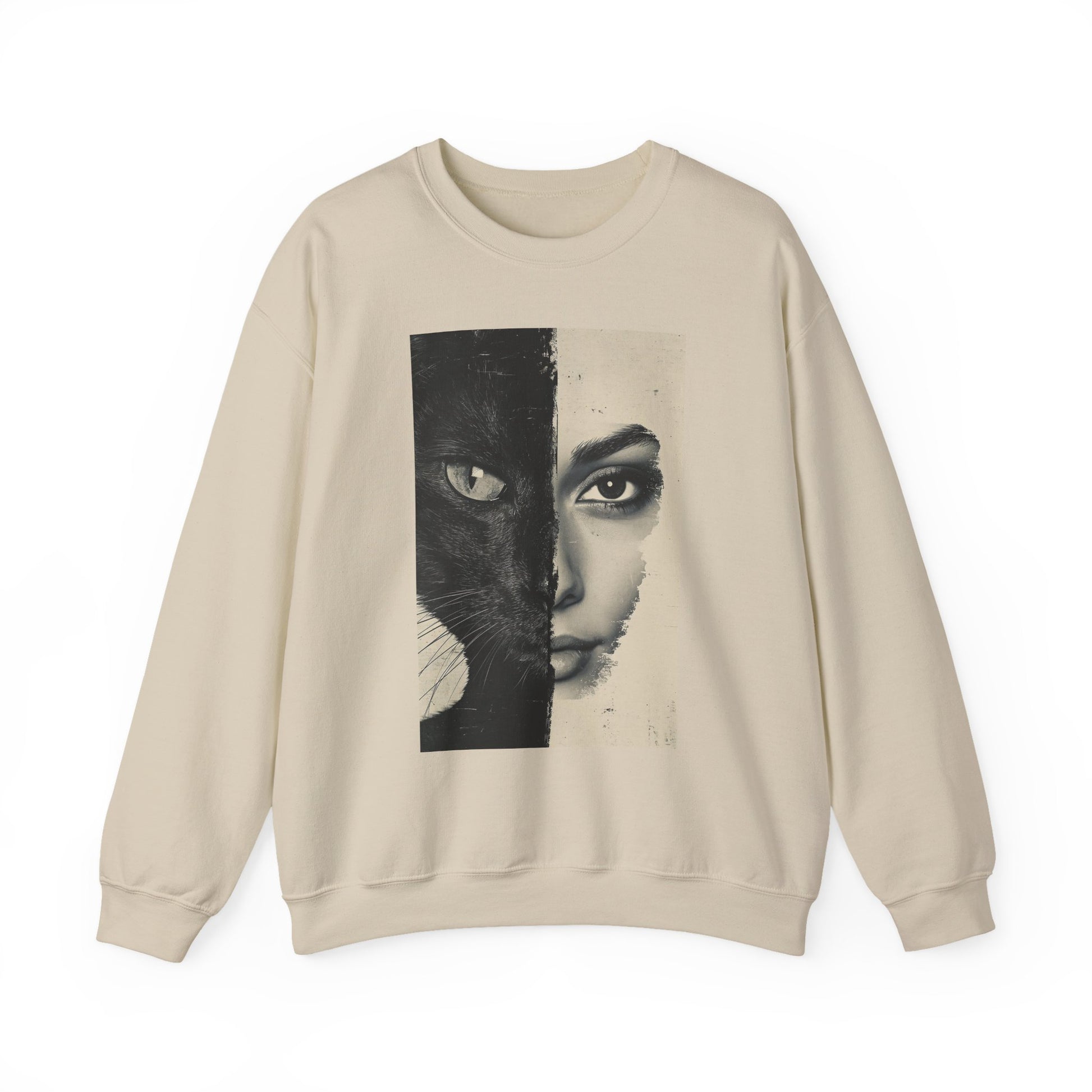 Beige sweatshirt with a graphic design of a face split into black and white on a white background