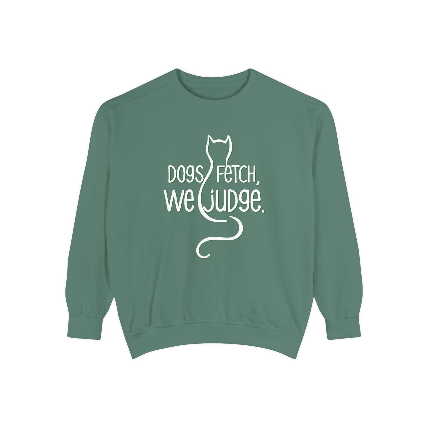 Green sweatshirt with white text and cat graphic on a white background