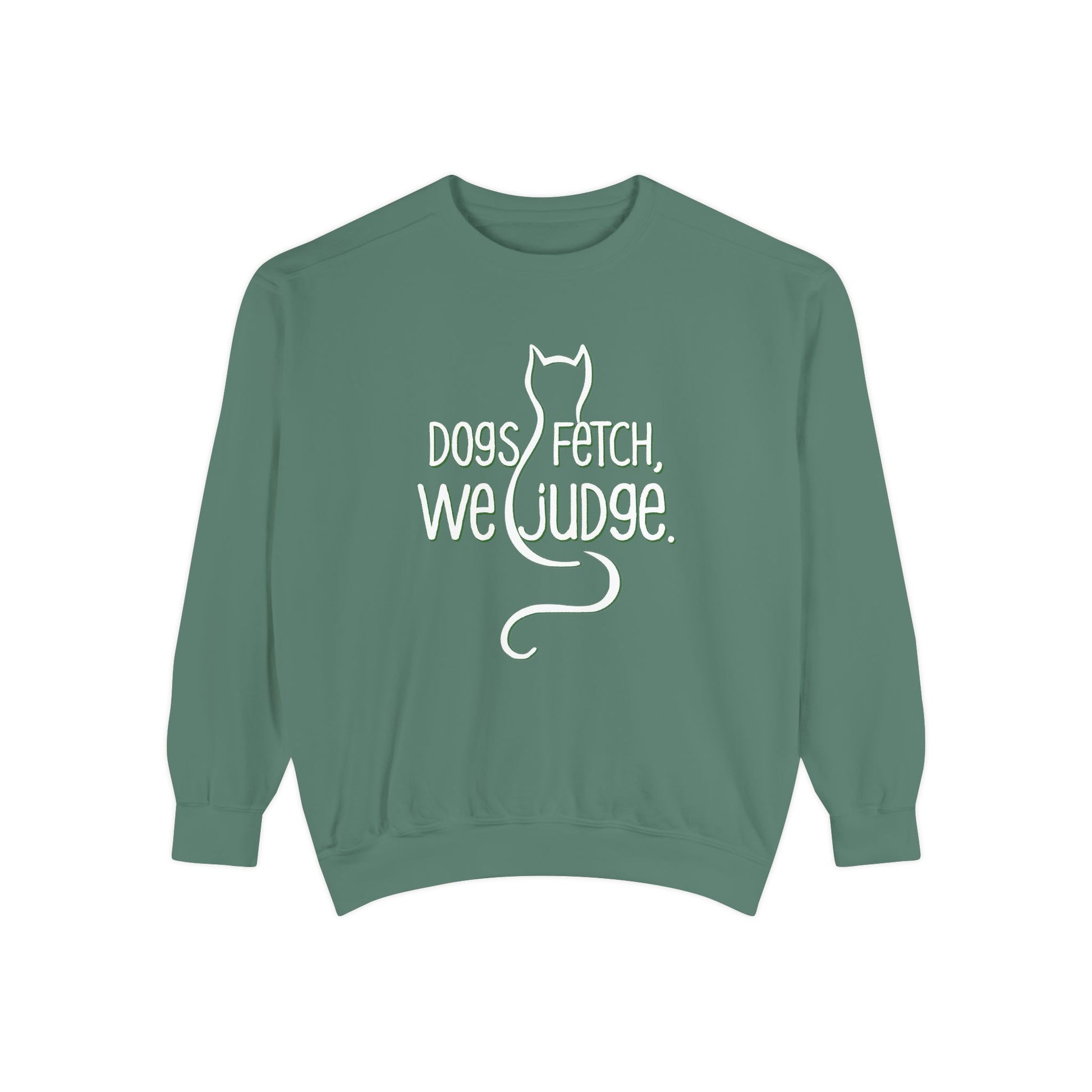 Green sweatshirt with white text and cat graphic on a white background