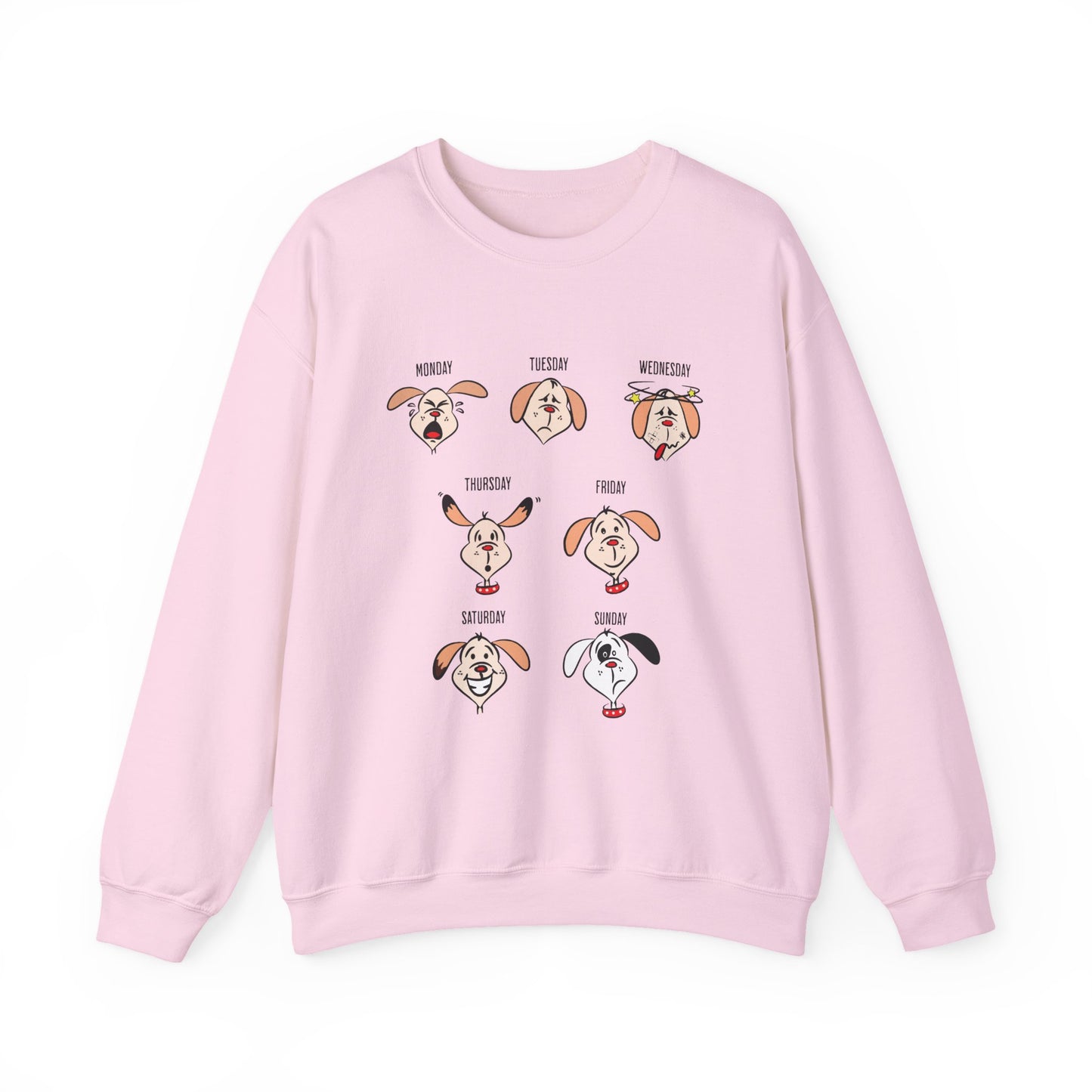 Pink sweatshirt with cartoon dog faces labeled for each day of the week on a white background
