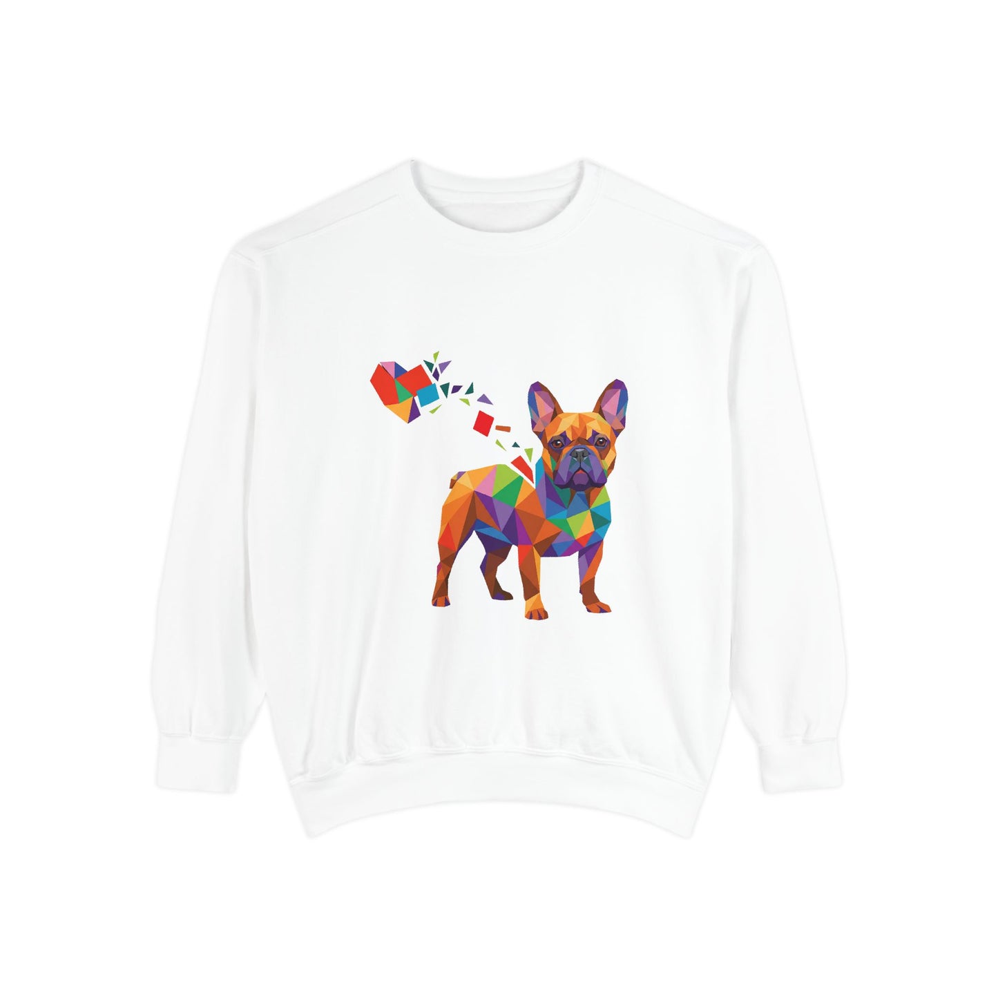 White sweatshirt with a colorful frenchie dog graphic on a white background