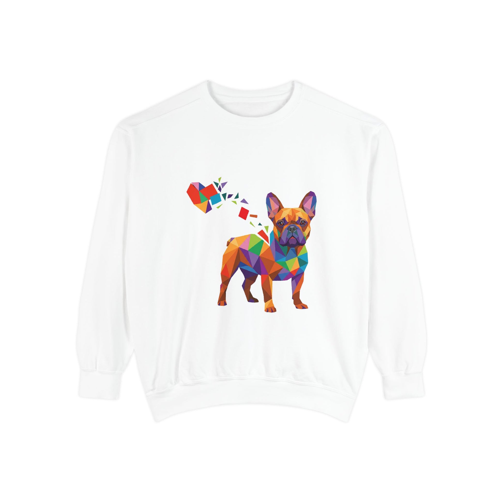 White sweatshirt with a colorful frenchie dog graphic on a white background