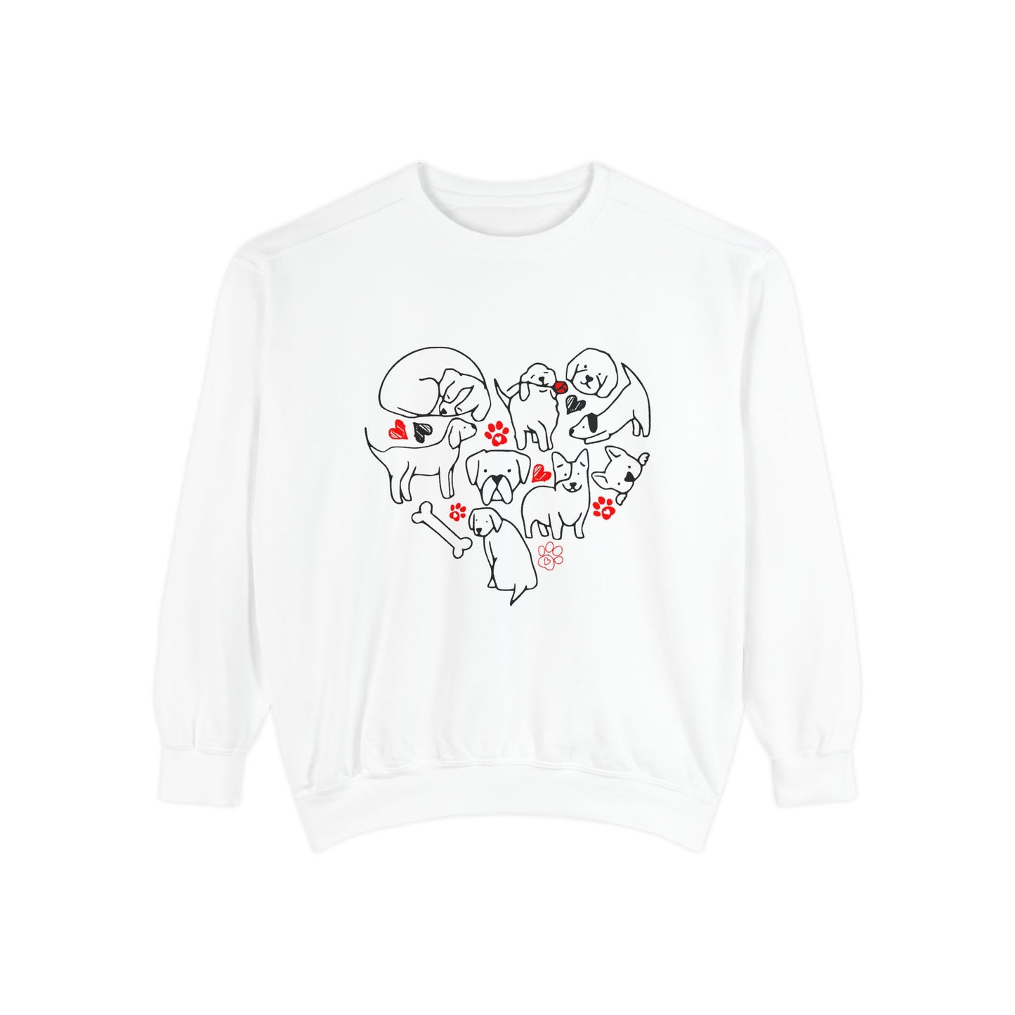 White sweatshirt with a heart design featuring dogs and paw prints on a white background