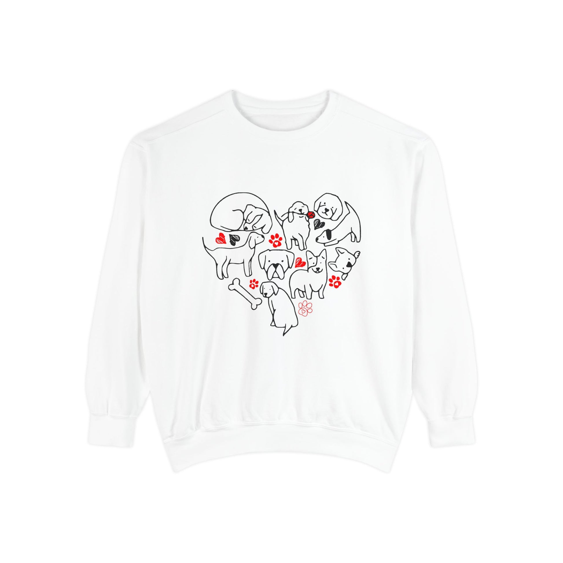 White sweatshirt with a heart design featuring dogs and paw prints on a white background