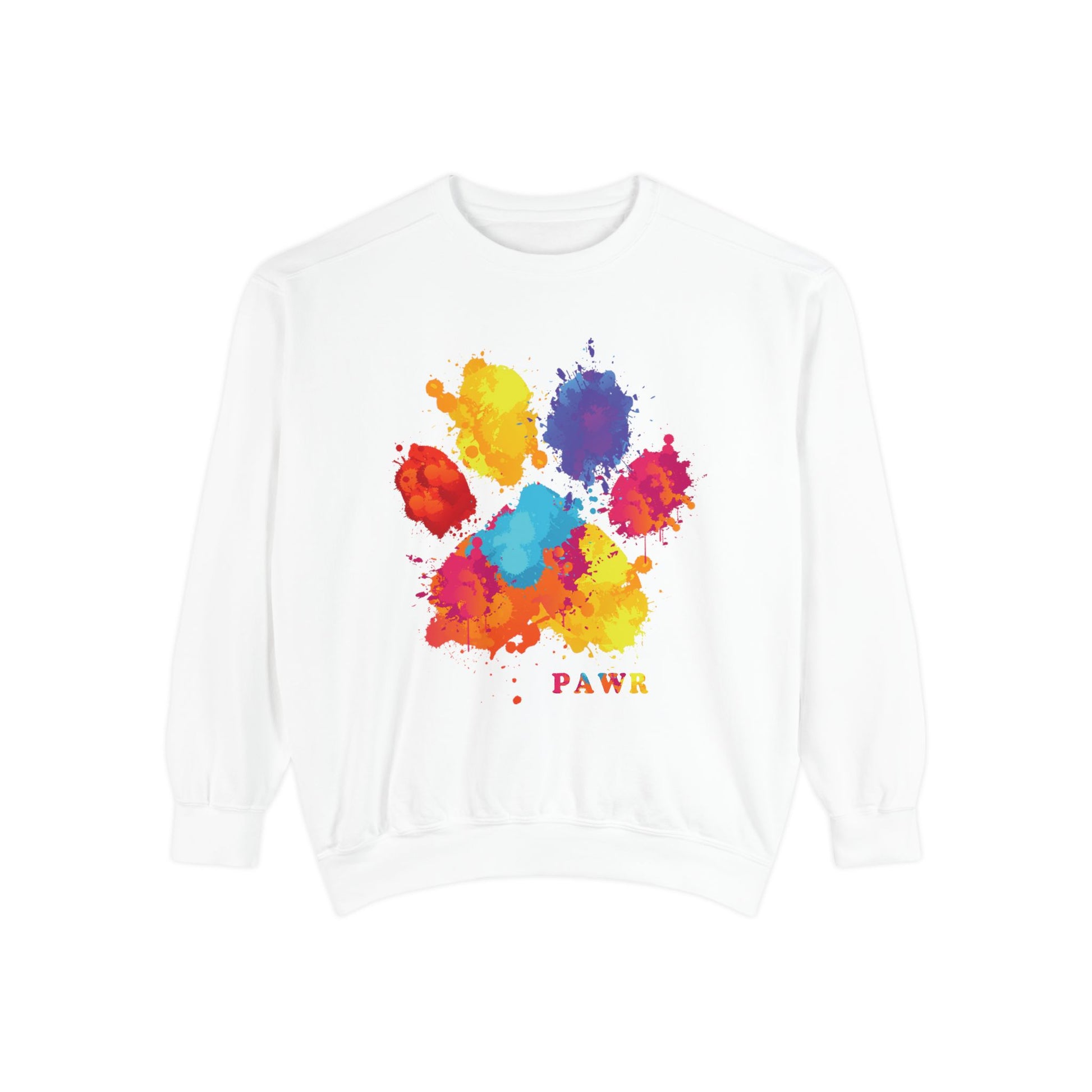 White pride sweatshirt with a colorful paw print design on a white background