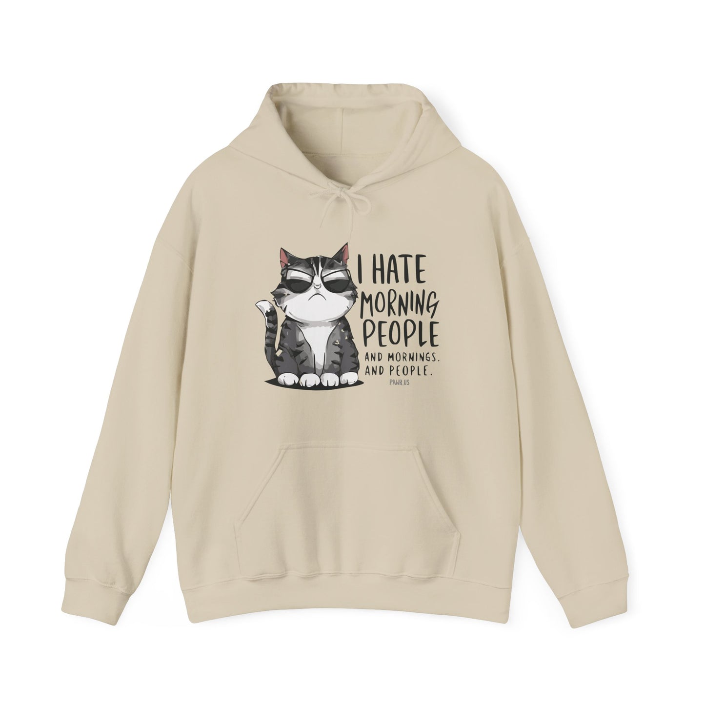 Beige hoodie with a cat graphic and text on a white background
