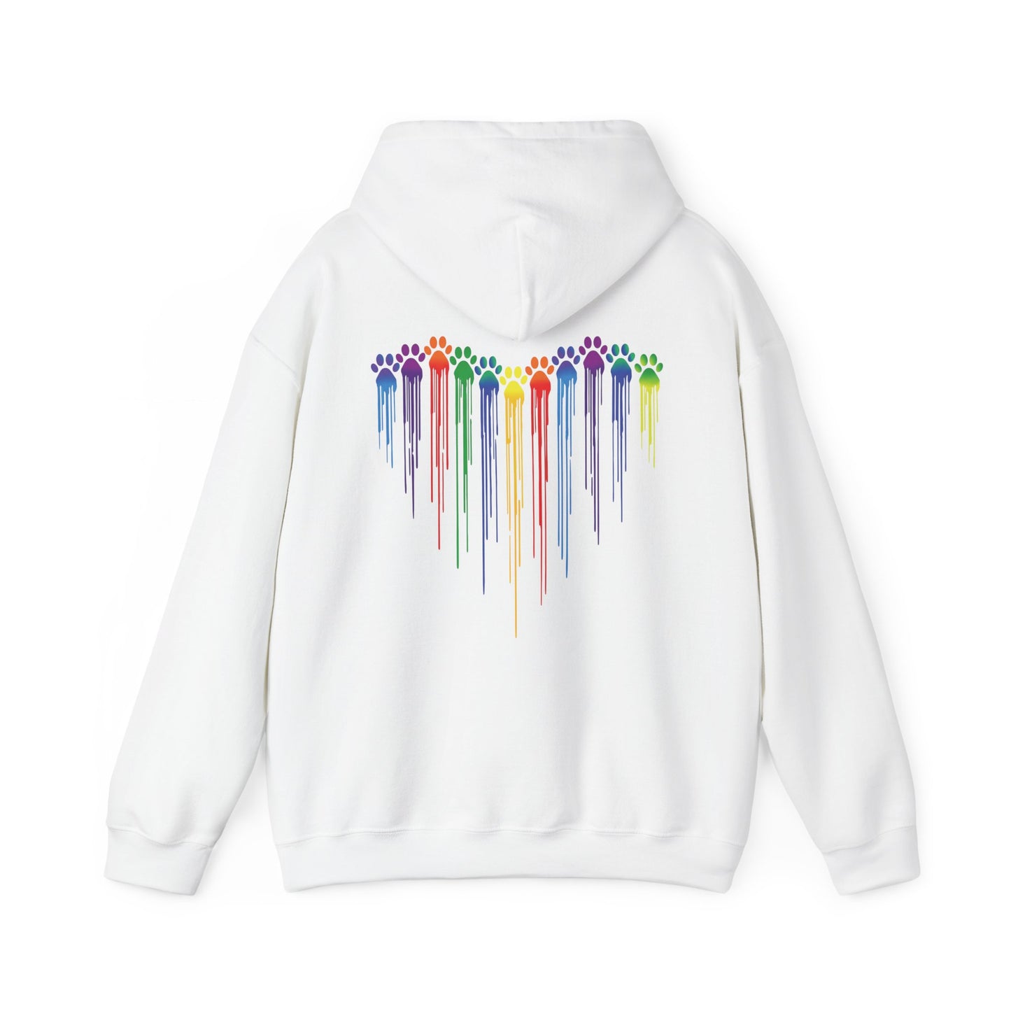 White hoodie with a colorful paw print design on the back against a white background