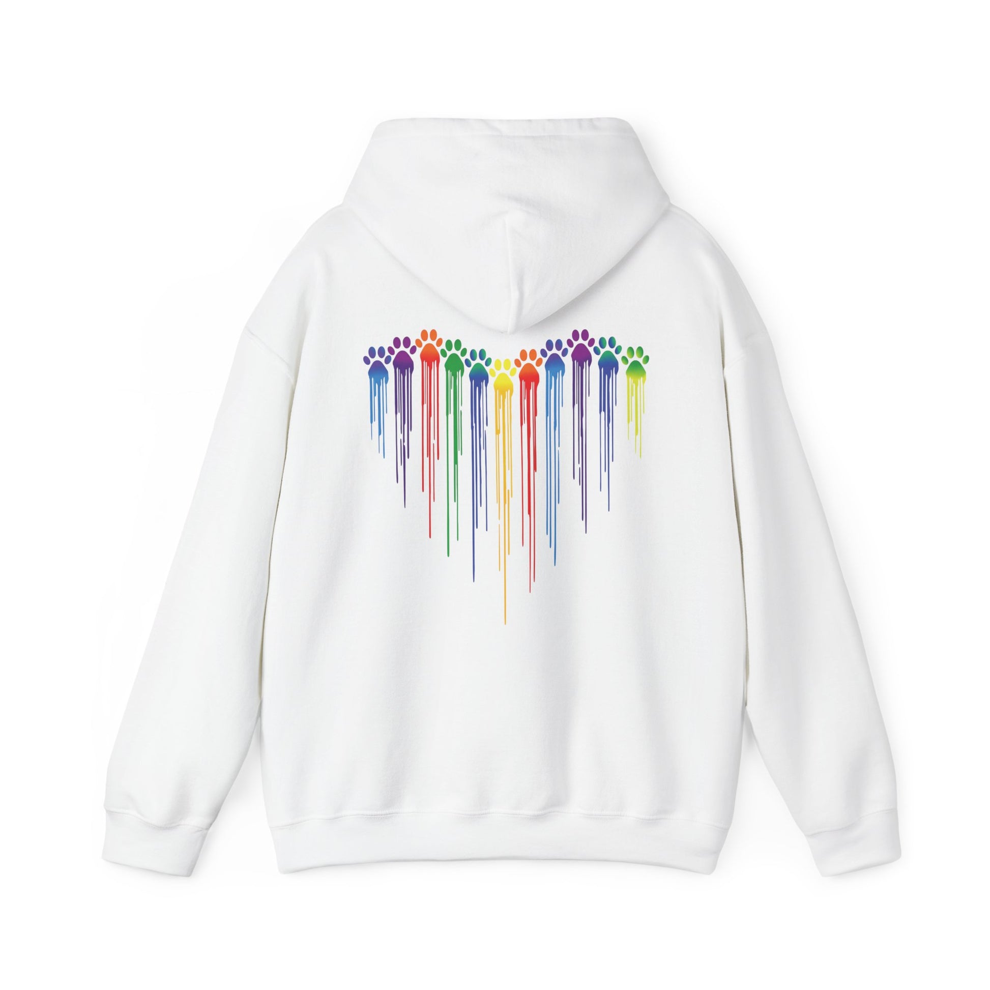 White hoodie with a colorful paw print design on the back against a white background