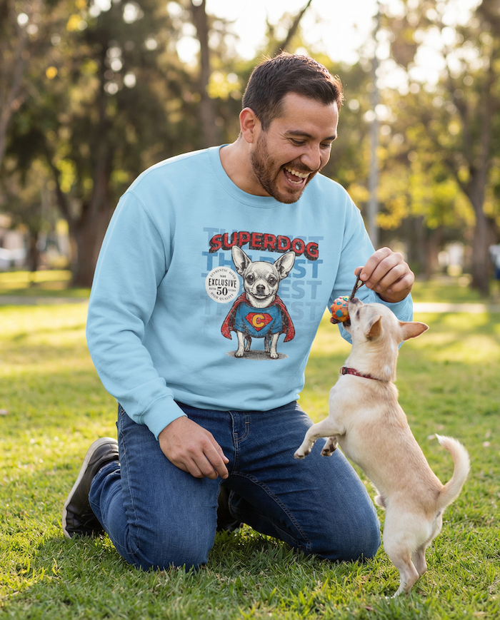 Man wearing a 'Superdog' sweatshirt with a dog graphic, kneeling on grass with a dog.