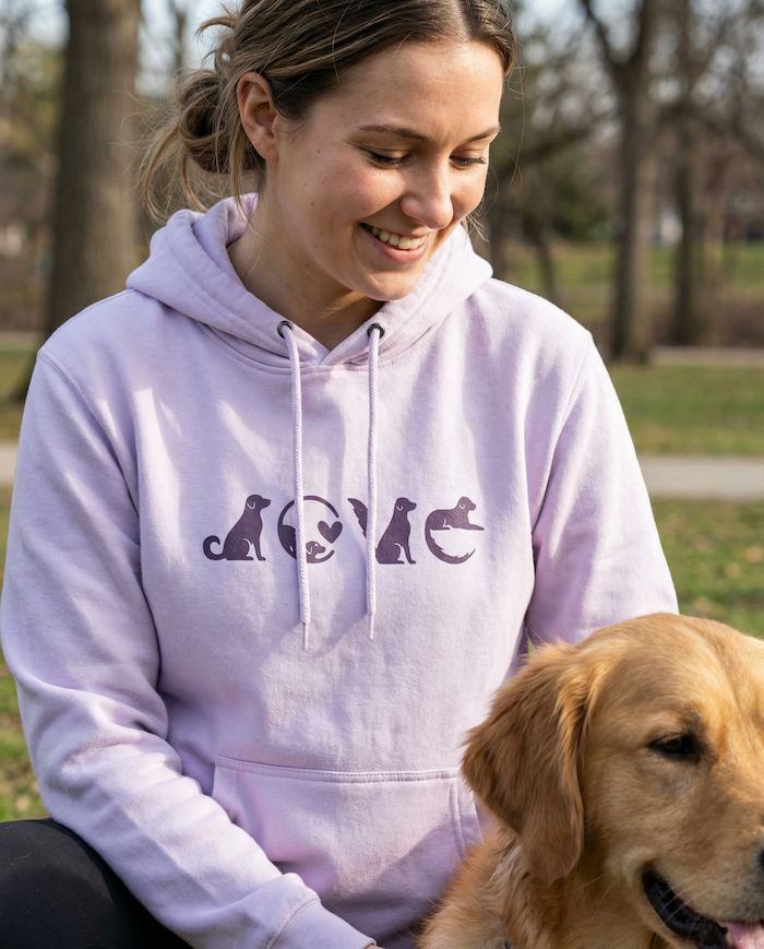 Woman wearing a light purple hoodie with 'LOVE' printed on it, sitting next to a dog outdoors.