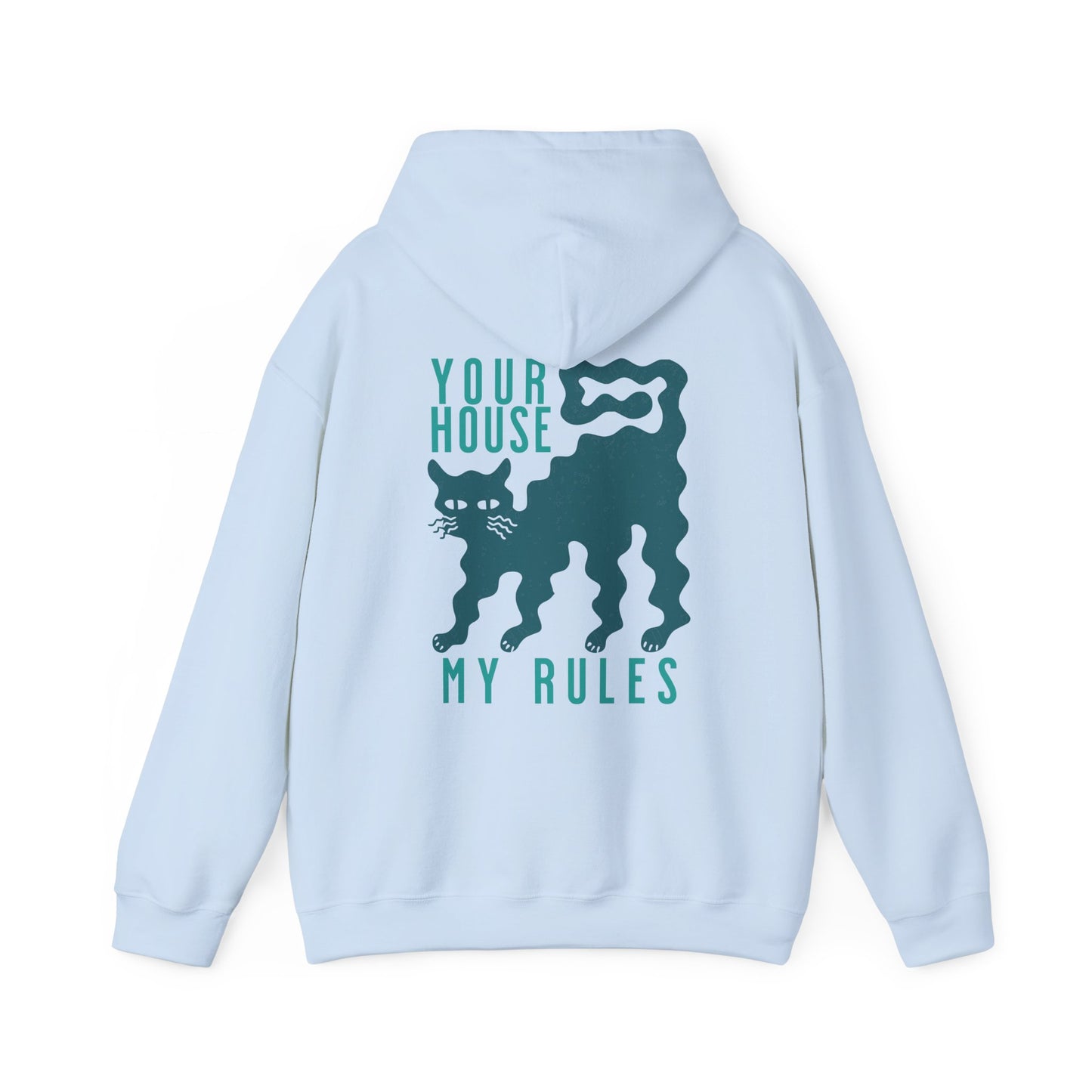 Light blue hoodie with a graphic design on the back featuring funny cat silhouette.