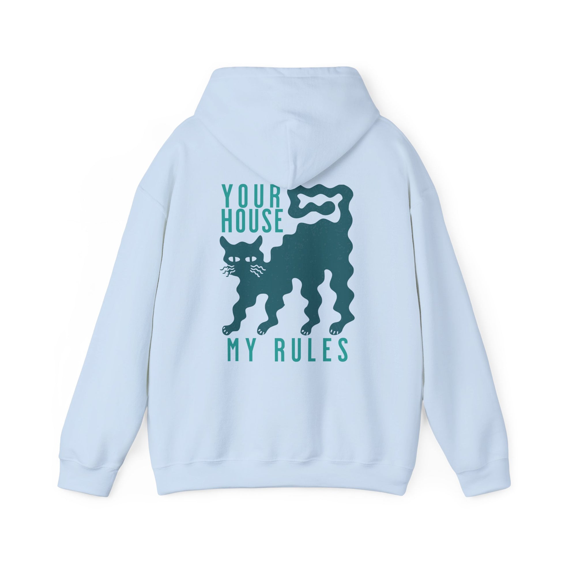 Light blue hoodie with a graphic design on the back featuring funny cat silhouette.
