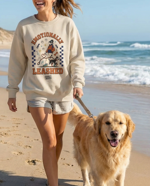 Woman walking a dog on a beach with a graphic sweatshirt