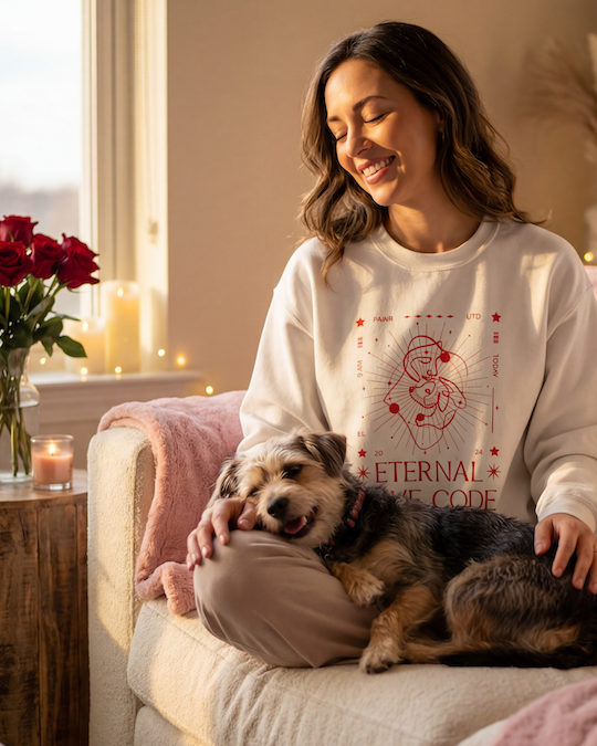 Woman sitting on a couch with a dog, surrounded by candles and flowers in a cozy living room.
