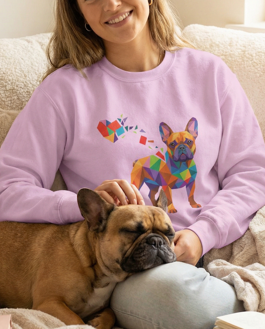 Woman wearing a pink sweatshirt with a colorful dog design, sitting on a couch with a dog and books.