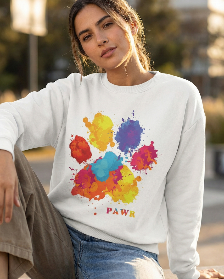 Woman wearing a white pride sweatshirt with a colorful paw-print design outdoors.