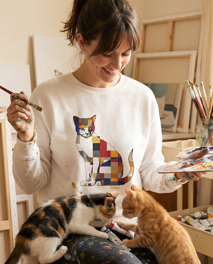 Woman in a studio with two cats, holding a paintbrush and palette, wearing a sweatshirt with a cat design.