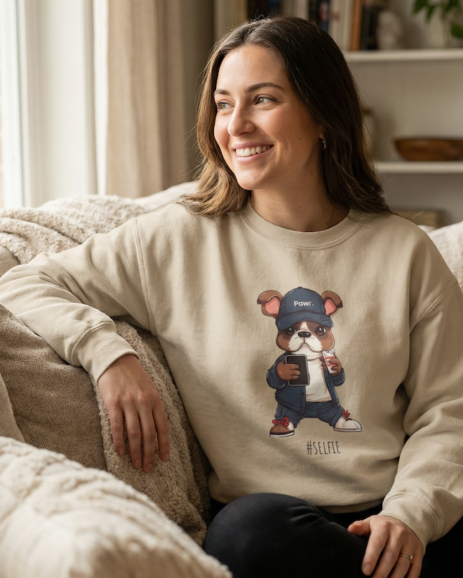Woman wearing a beige sweatshirt with a frenchie design, wearing a cap and jacket, sitting on a couch in a cozy living room.