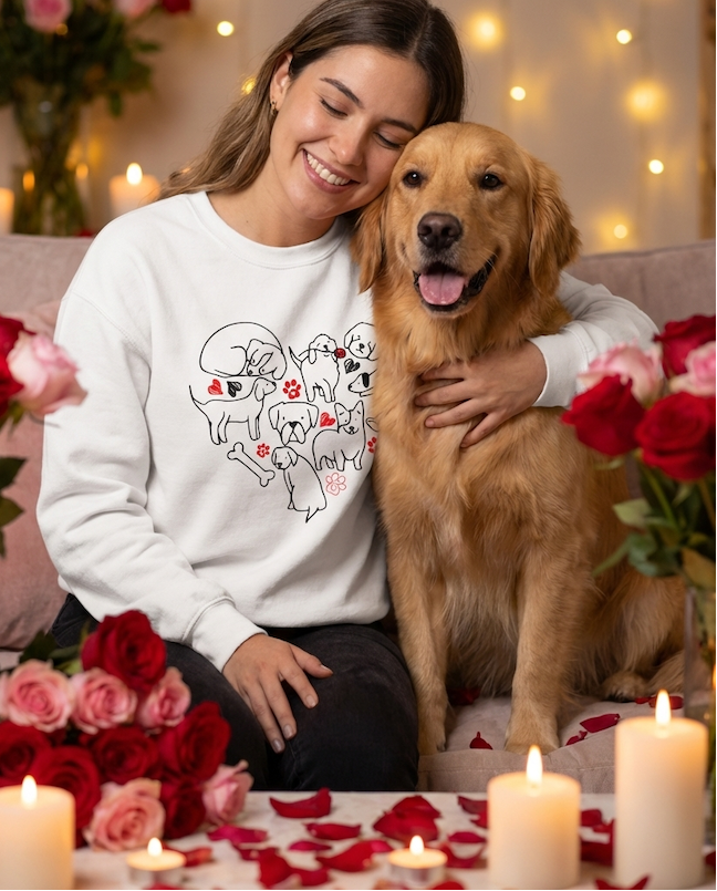 Woman in a white sweatshirt with dog graphics sitting on a couch with a golden retriever, surrounded by flowers and candles.