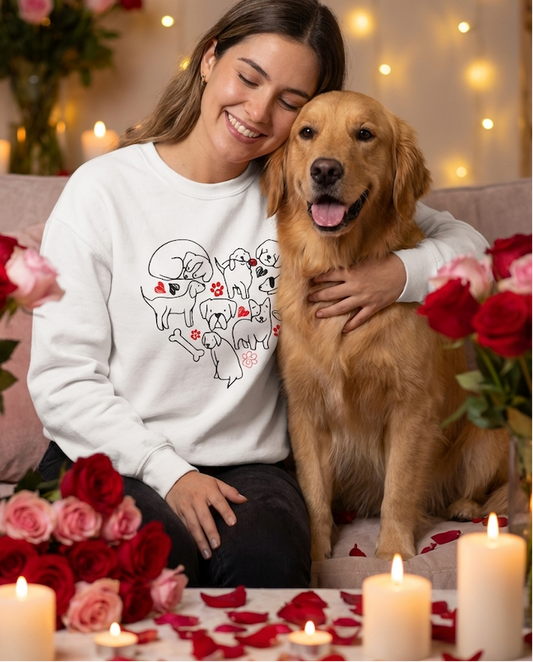 Woman in a white sweatshirt with dog graphics sitting on a couch with a golden retriever, surrounded by flowers and candles.