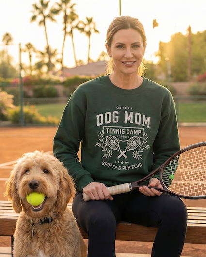 Woman in 'Dog Mom Tennis Camp' shirt with dog on tennis court