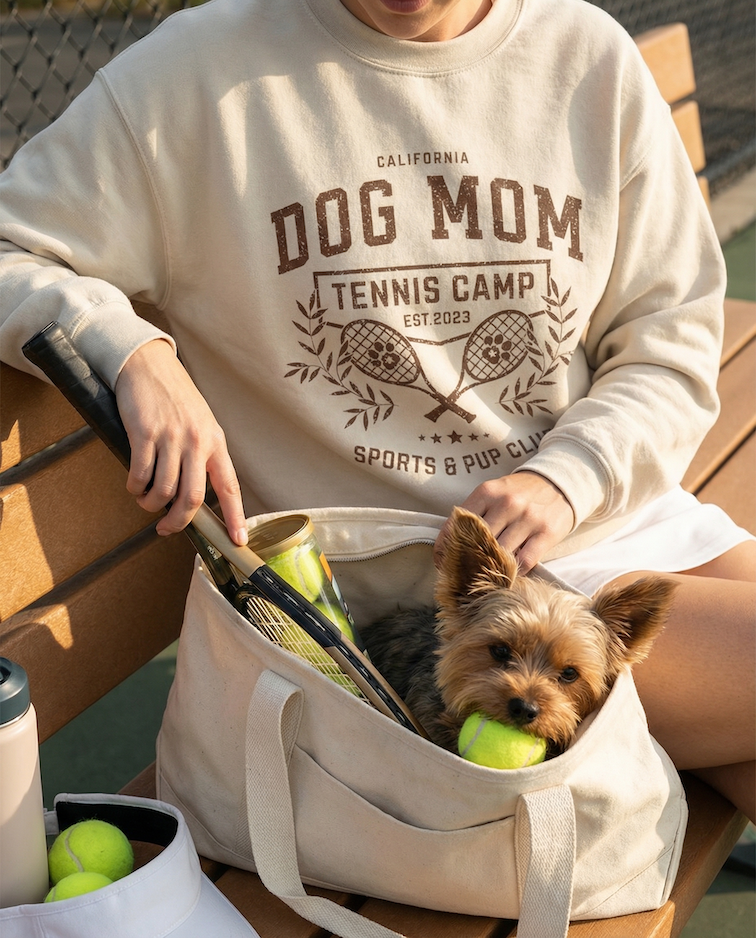 Person wearing a 'Dog Mom Tennis Camp' sweatshirt with a small dog in a bag holding tennis balls.