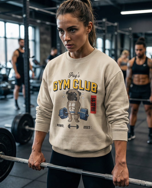 Woman lifting weights in a gym wearing a 'Pug's Gym Club' sweatshirt.