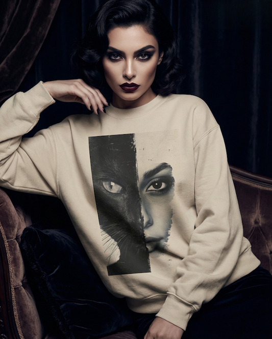 Person wearing a beige sweatshirt with a graphic design of a cat and a face, sitting in a dark room.