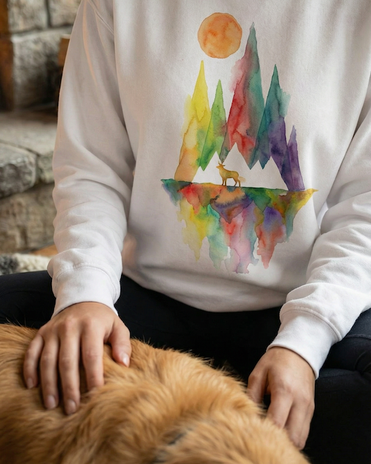 Person wearing a sweatshirt with a colorful mountain and lake design, sitting next to a dog.