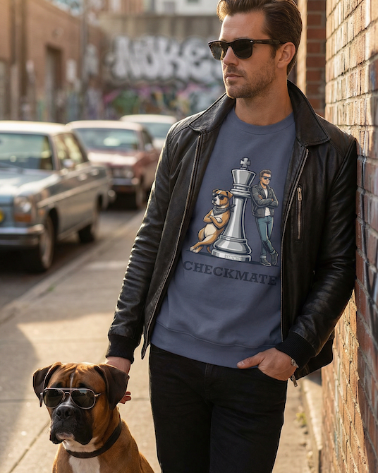 Man wearing sunglasses and a graphic t-shirt standing next to a dog on a city street.