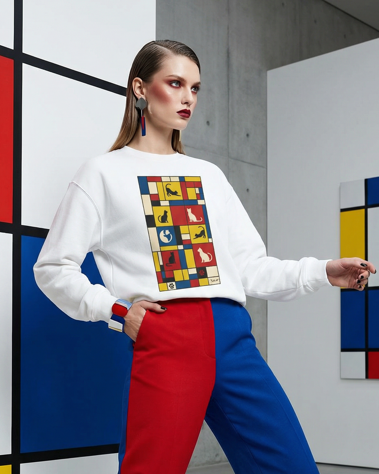 Model wearing a white sweater with colorful geometric design in a modern setting