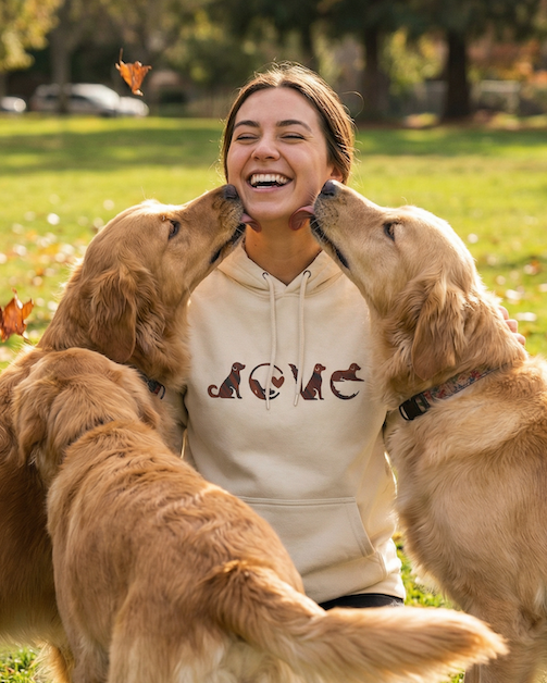Woman playing with two dogs in a park on a sunny day