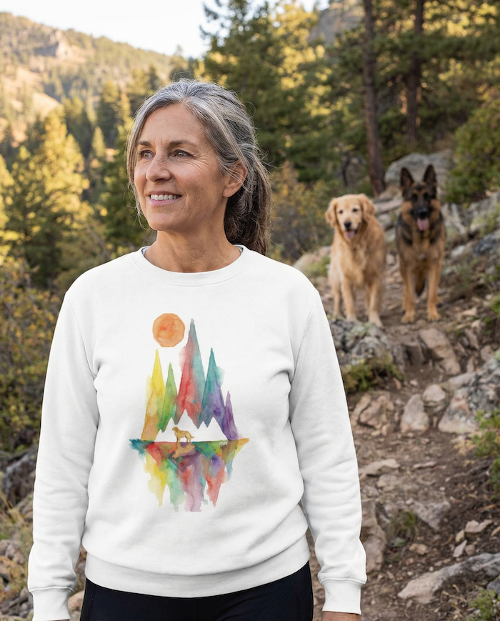 Woman hiking outdoors wearing a PAWR nature dog lover sweatshirt with colorful mountain artwork, walking on a forest trail with two dogs behind her, perfect for dog moms and outdoor dog lovers.