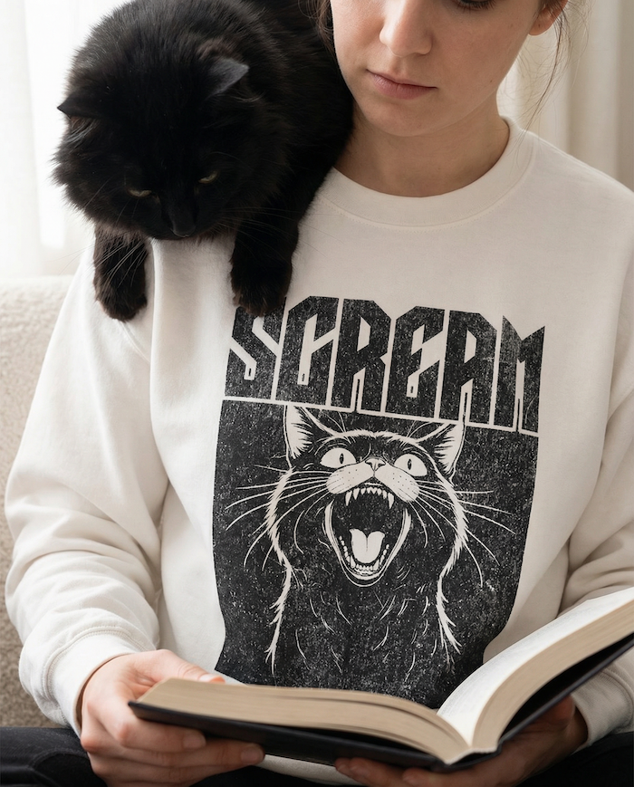 White PAWR sarcasm cat sweatshirt featuring a vintage-style screaming cat graphic with bold “Scream” text, cozy unisex fit, perfect for cat moms, cat dads, and cat lovers.