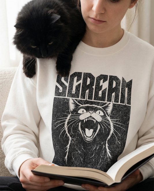 White PAWR sarcasm cat sweatshirt featuring a vintage-style screaming cat graphic with bold “Scream” text, cozy unisex fit, perfect for cat moms, cat dads, and cat lovers.