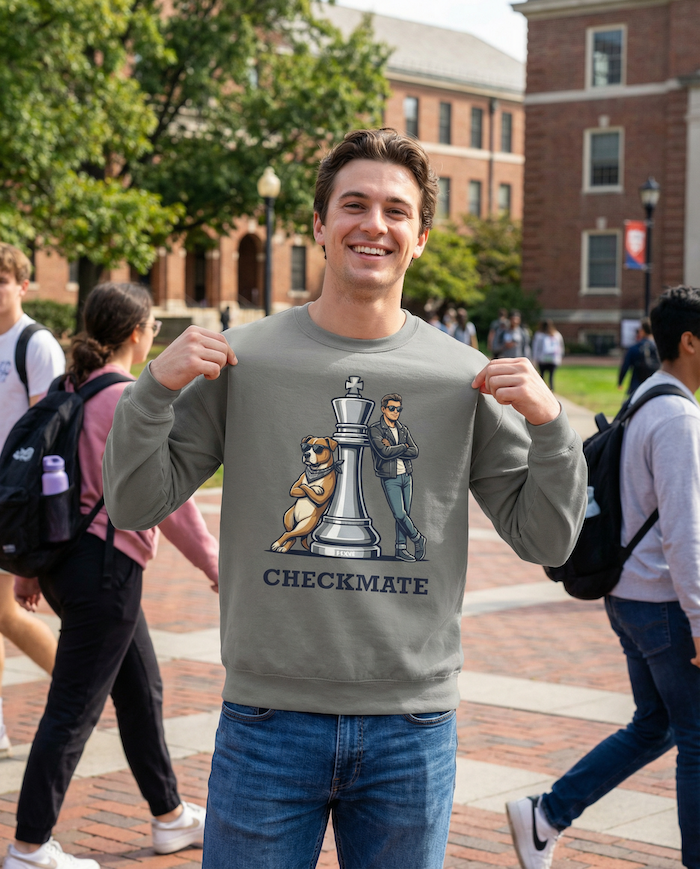 Man smiling on a college campus wearing a PAWR Checkmate dog sweatshirt with a chess-inspired dog graphic, casual unisex fit, perfect for dog dads, dog lovers, and everyday street style.