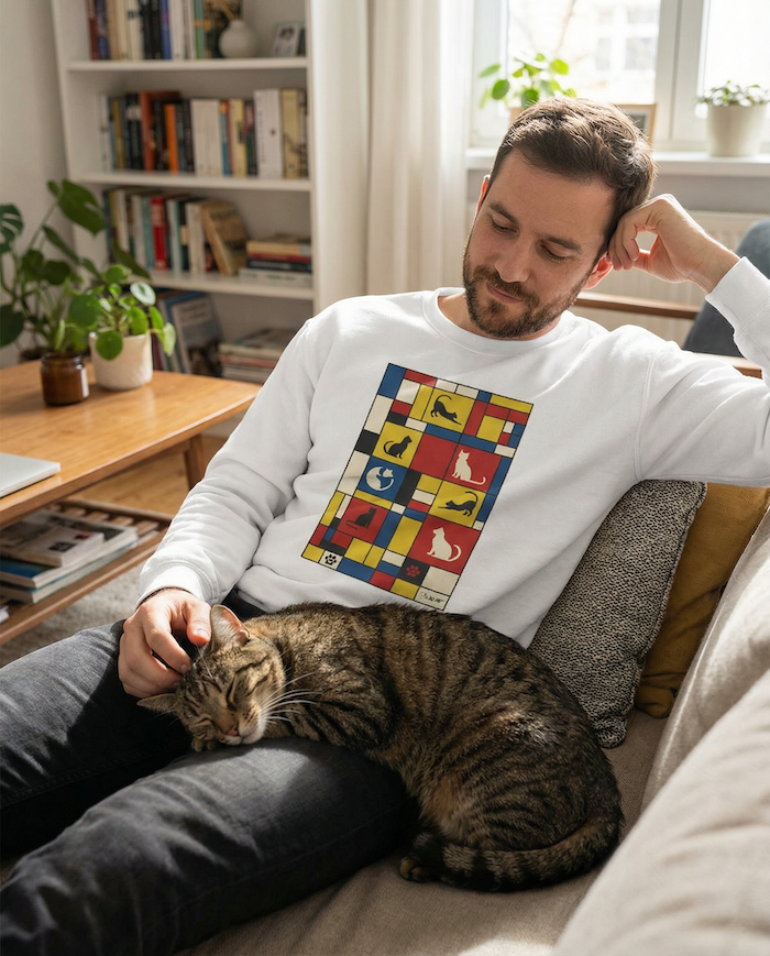 Man relaxing on a couch wearing a PAWR cat lover sweatshirt with a colorful artistic cat graphic, sitting with a sleeping tabby cat on his lap in a cozy home setting.