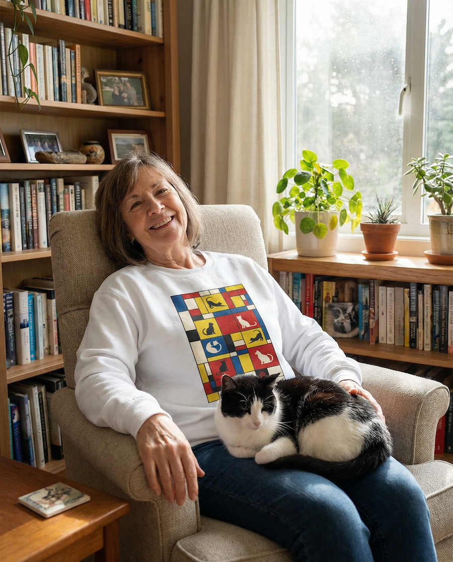 Woman sitting in a chair with a cat on her lap in a cozy room with bookshelves and plants.