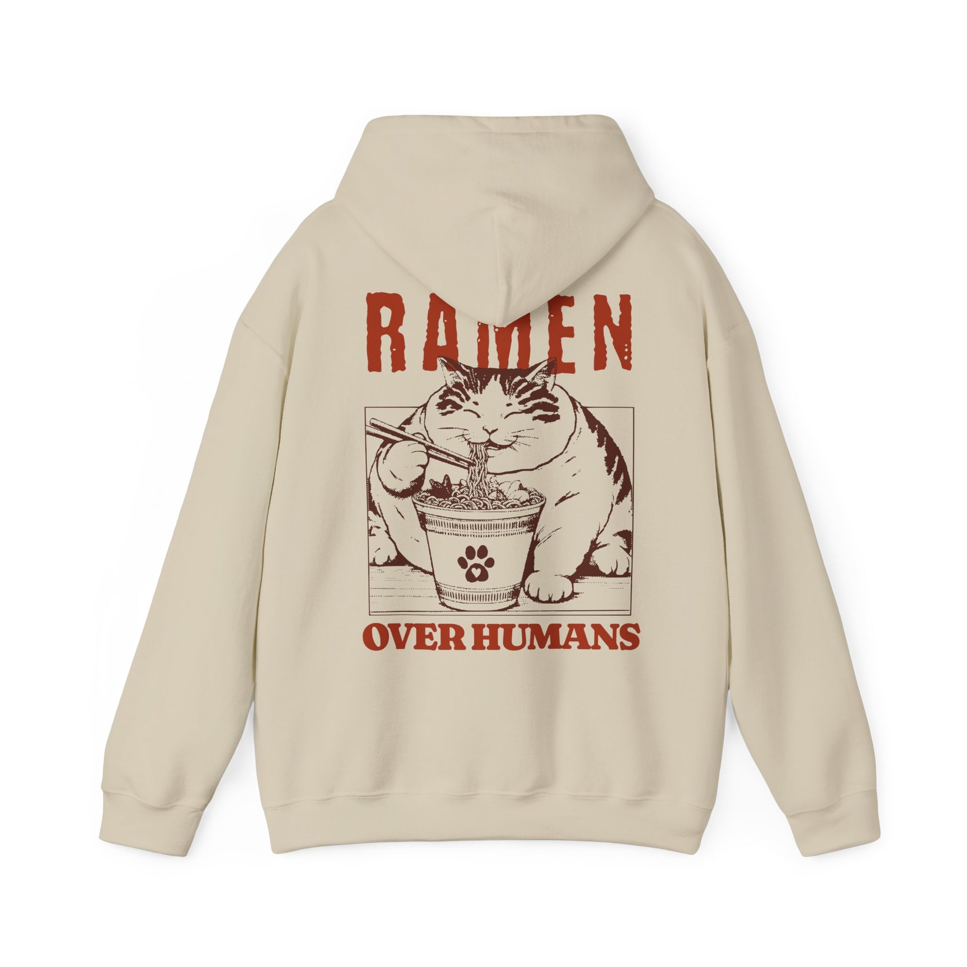 Beige hoodie with a graphic of a cat eating ramen and text 'RAMEN OVER HUMANS' on the back.