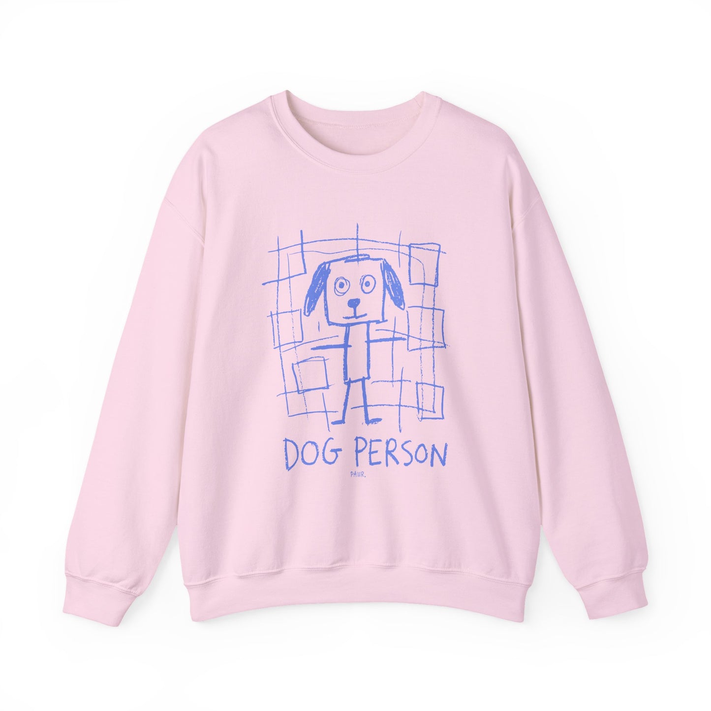 Pink sweatshirt with blue graphic of a dog and 'Dog Person' text on a white background