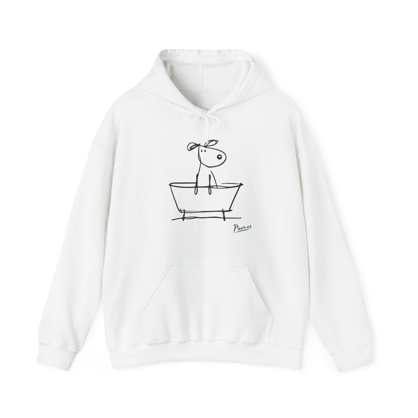 White hoodie with a black line drawing of a dog in a bathtub on a white background