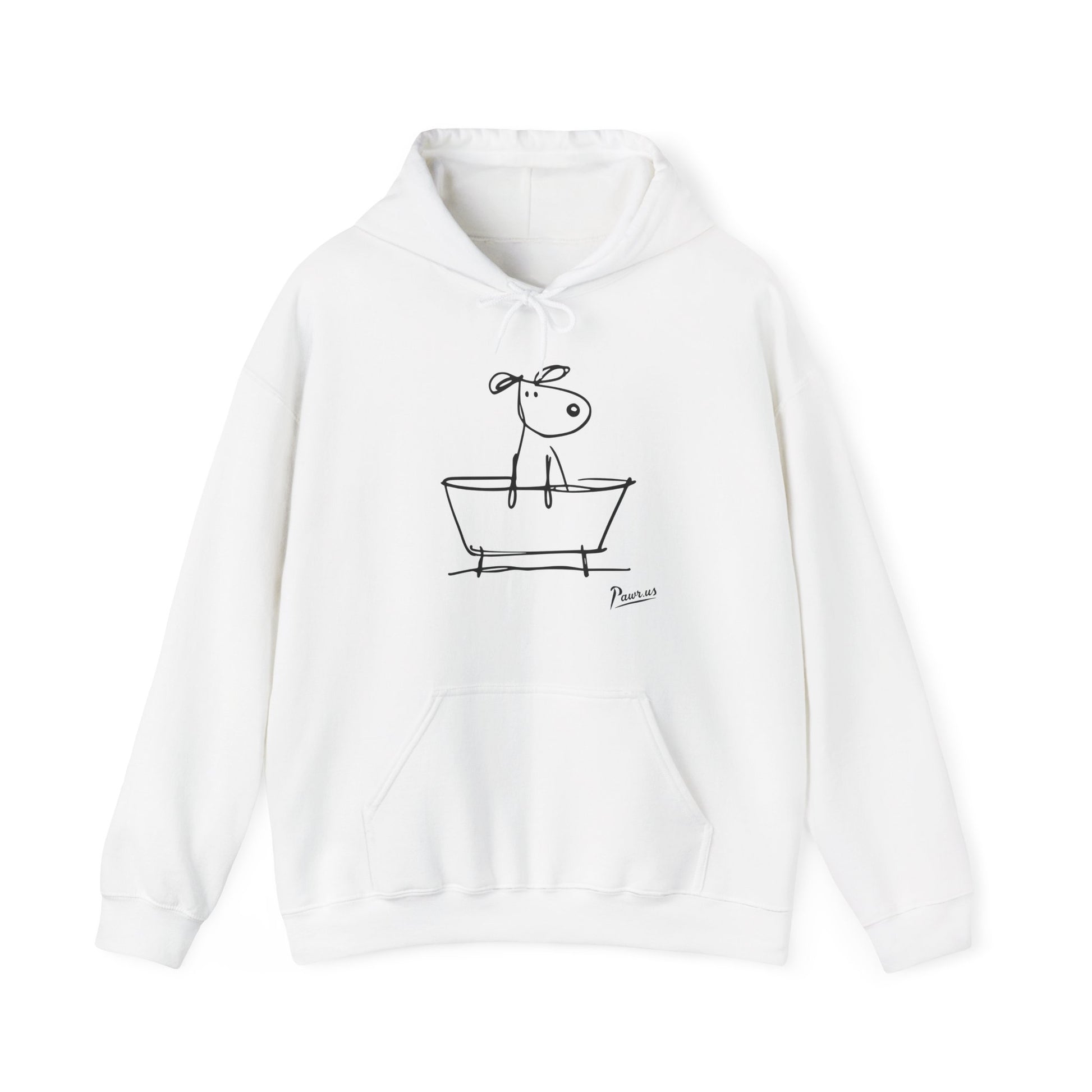 White hoodie with a black line drawing of a dog in a bathtub on a white background