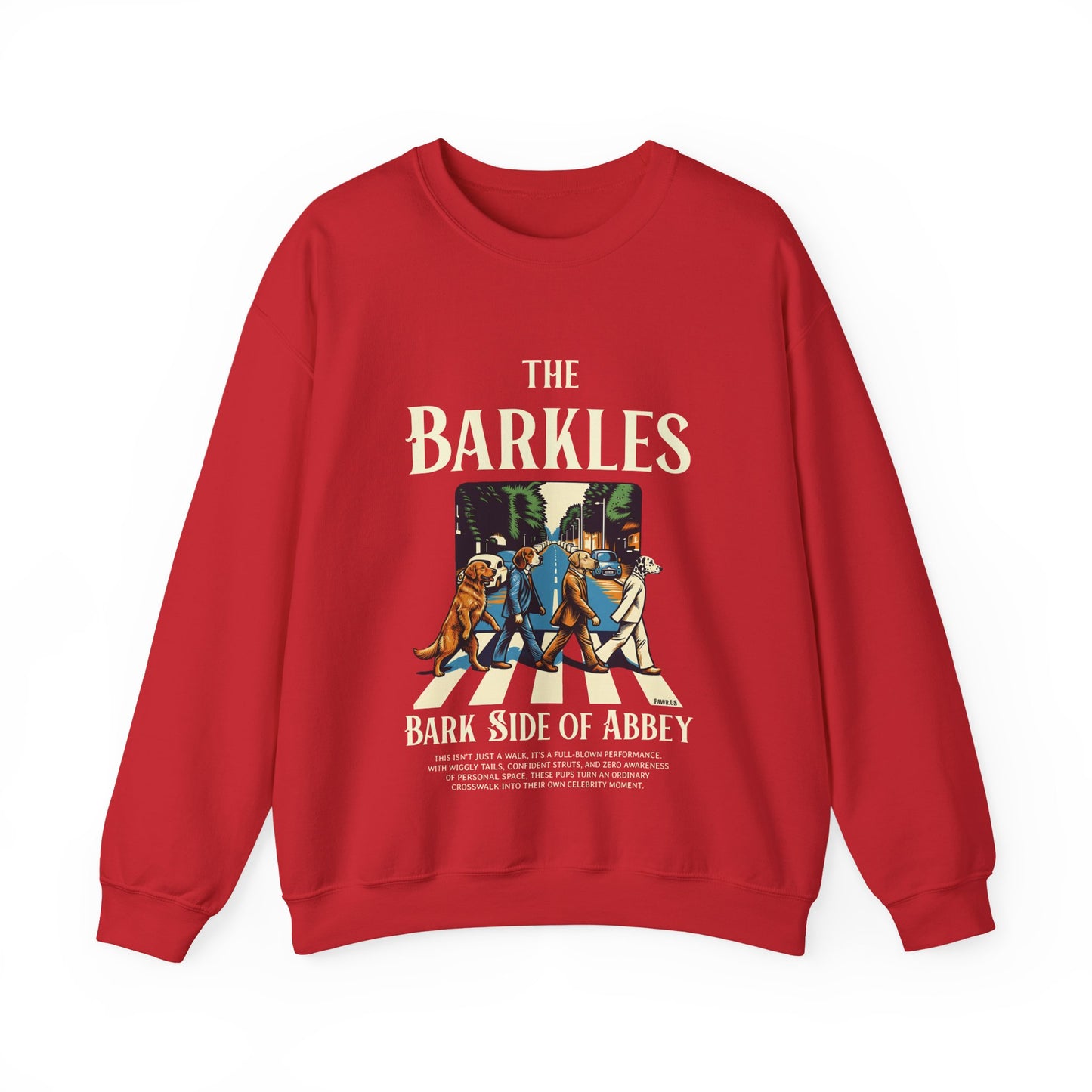Red sweatshirt with 'The Barkles' graphic design on a white background